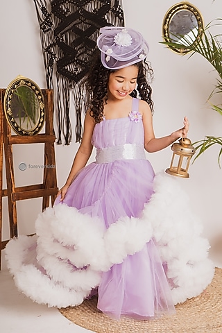 Lavender Soft Tulle Layered Ruffled Gown For Girls by Foreverkidz