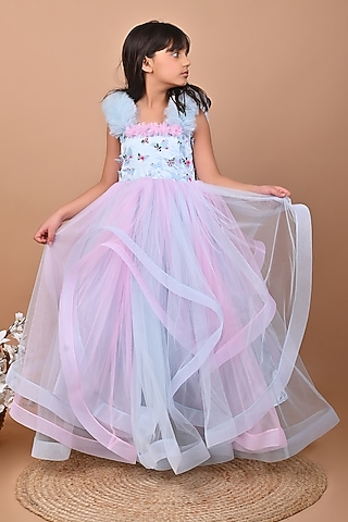 Blue Soft Tulle Ruffled Gown For Girls by Foreverkidz