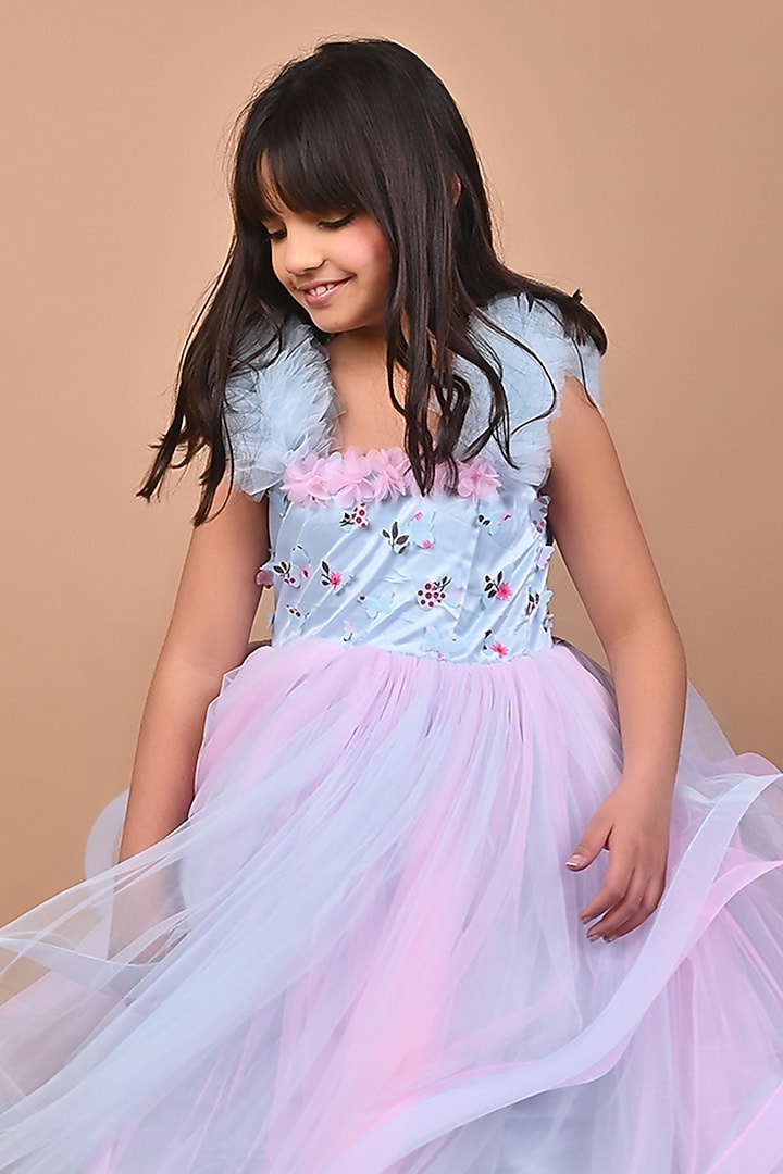 Blue Soft Tulle Ruffled Gown For Girls by Foreverkidz at Pernia's Pop Up Shop