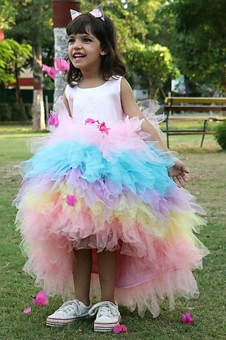 Multi-Colored Satin & Soft Tulle High-Low Ruffled Dress For Girls by Foreverkidz