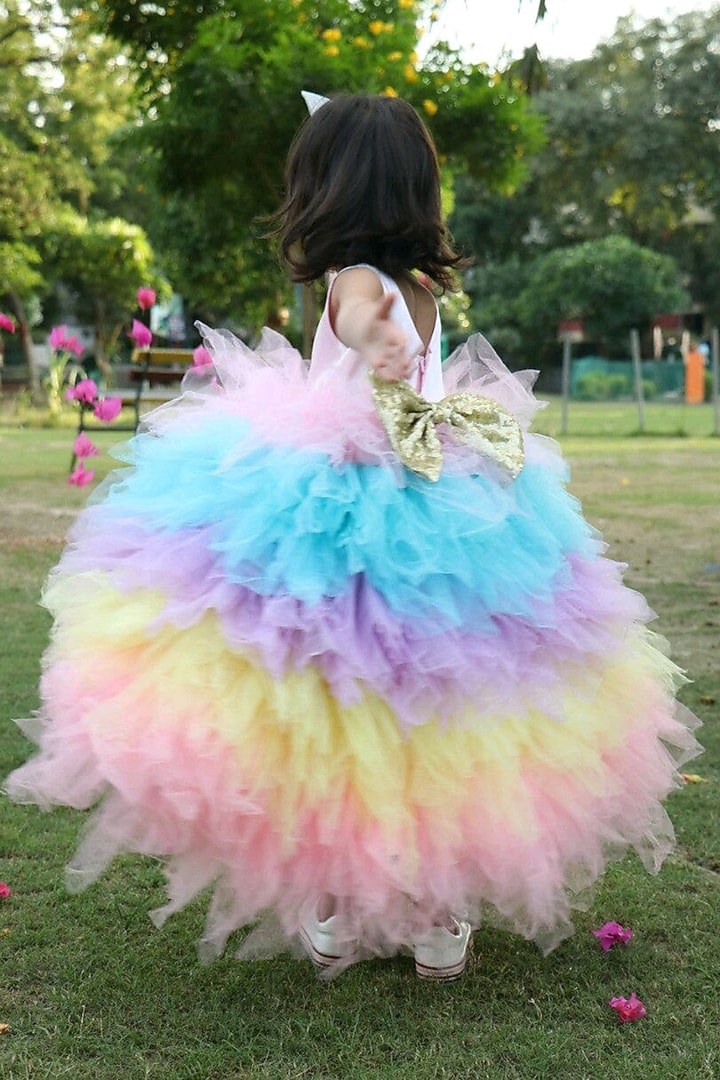 Multi-Colored Satin & Soft Tulle High-Low Ruffled Dress For Girls by Foreverkidz at Pernia's Pop Up Shop