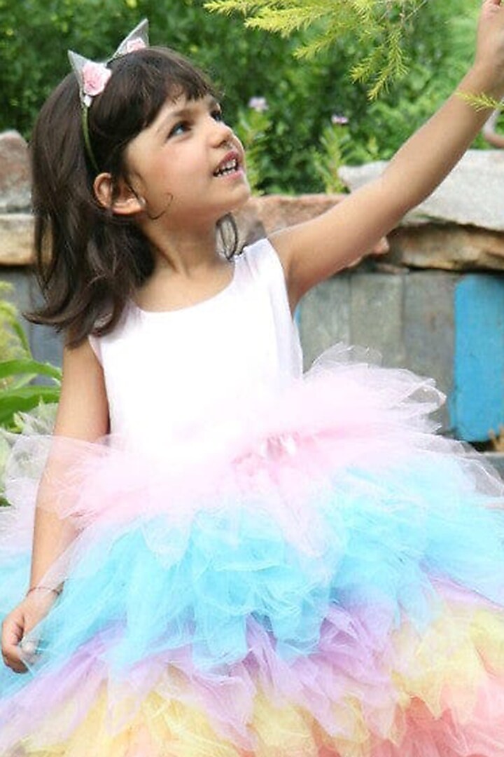 Multi-Colored Satin & Soft Tulle High-Low Ruffled Dress For Girls by Foreverkidz at Pernia's Pop Up Shop