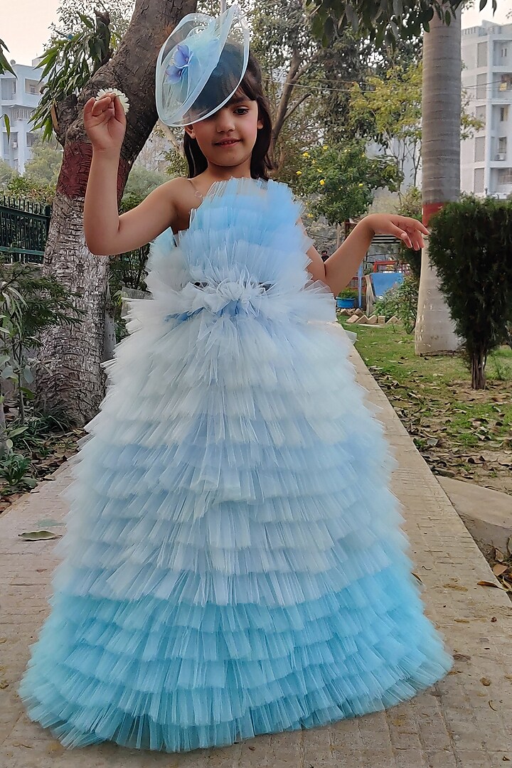 Sky Blue Soft Tulle Ruffled Gown For Girls by Foreverkidz at Pernia's Pop Up Shop