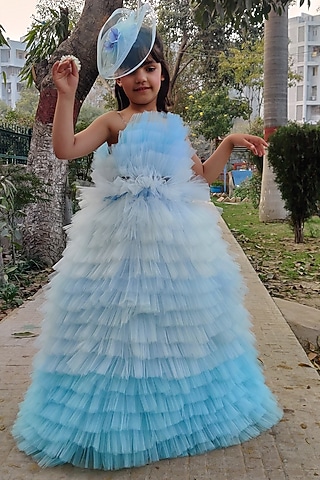 Sky Blue Soft Tulle Ruffled Gown For Girls by Foreverkidz