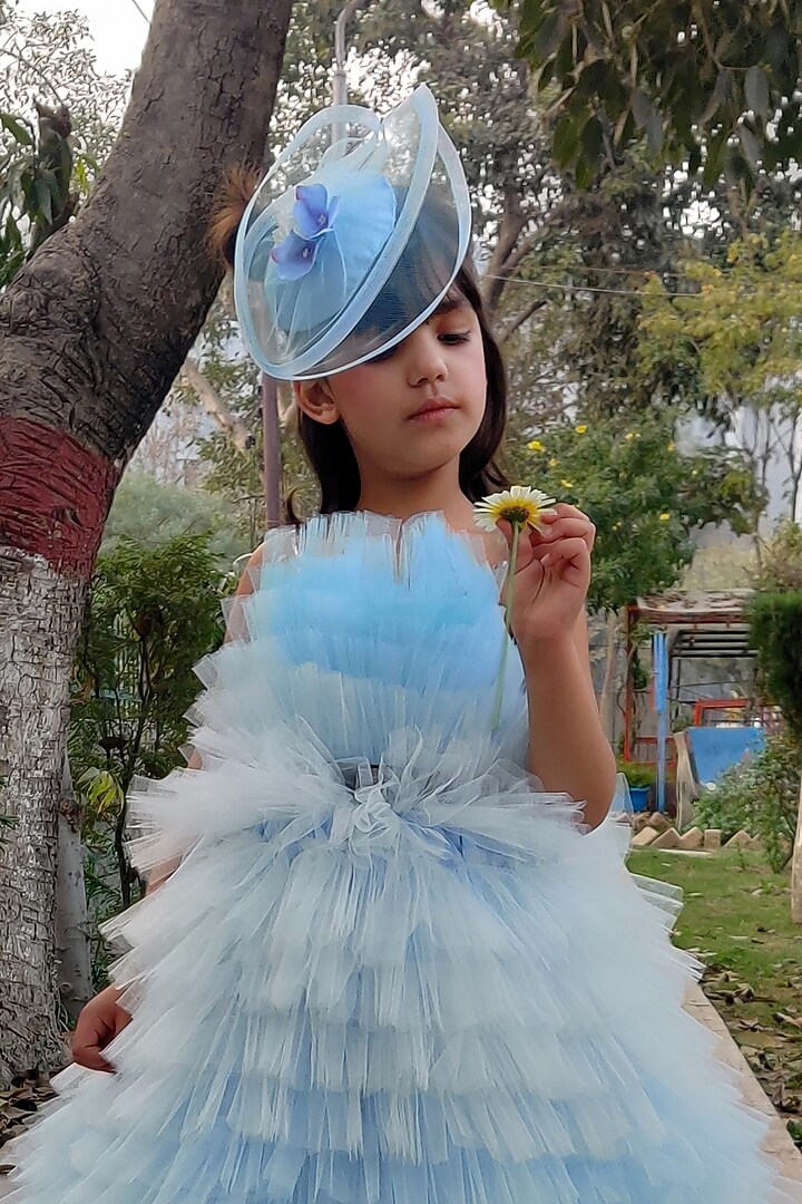 Sky Blue Soft Tulle Ruffled Gown For Girls by Foreverkidz at Pernia's Pop Up Shop