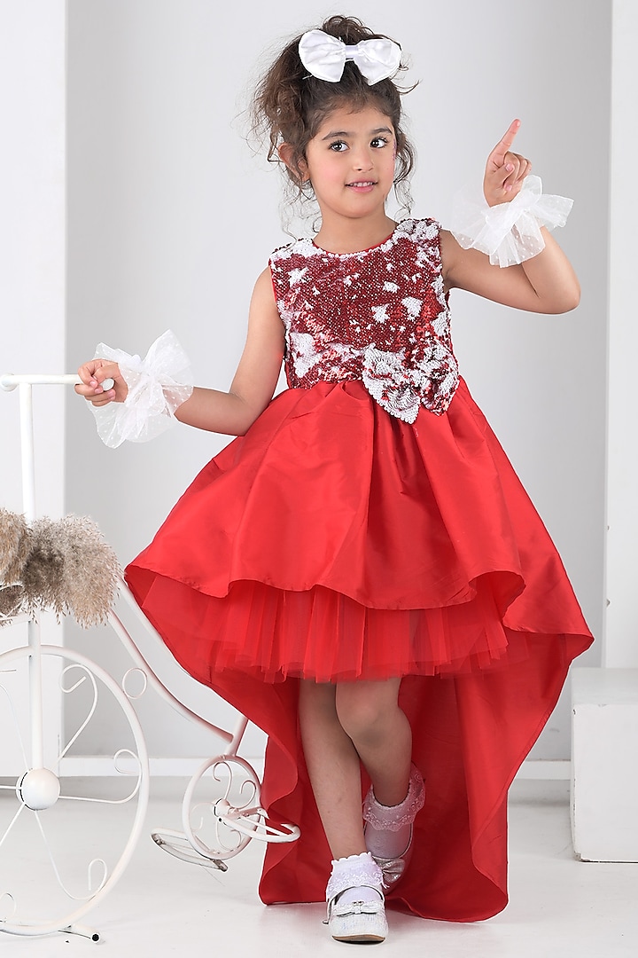 Red Sequins & Taffeta High-Low Dress For Girls by Foreverkidz at Pernia's Pop Up Shop