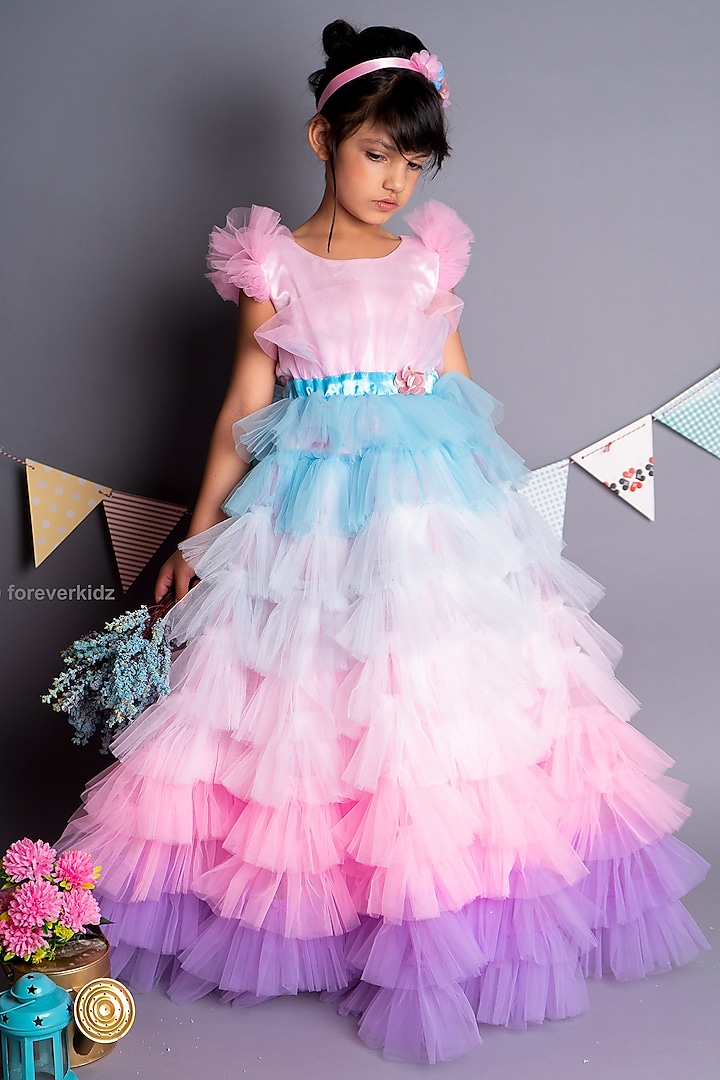 Pink Soft Tulle Ruffled Frilled Gown For Girls by Foreverkidz at Pernia's Pop Up Shop