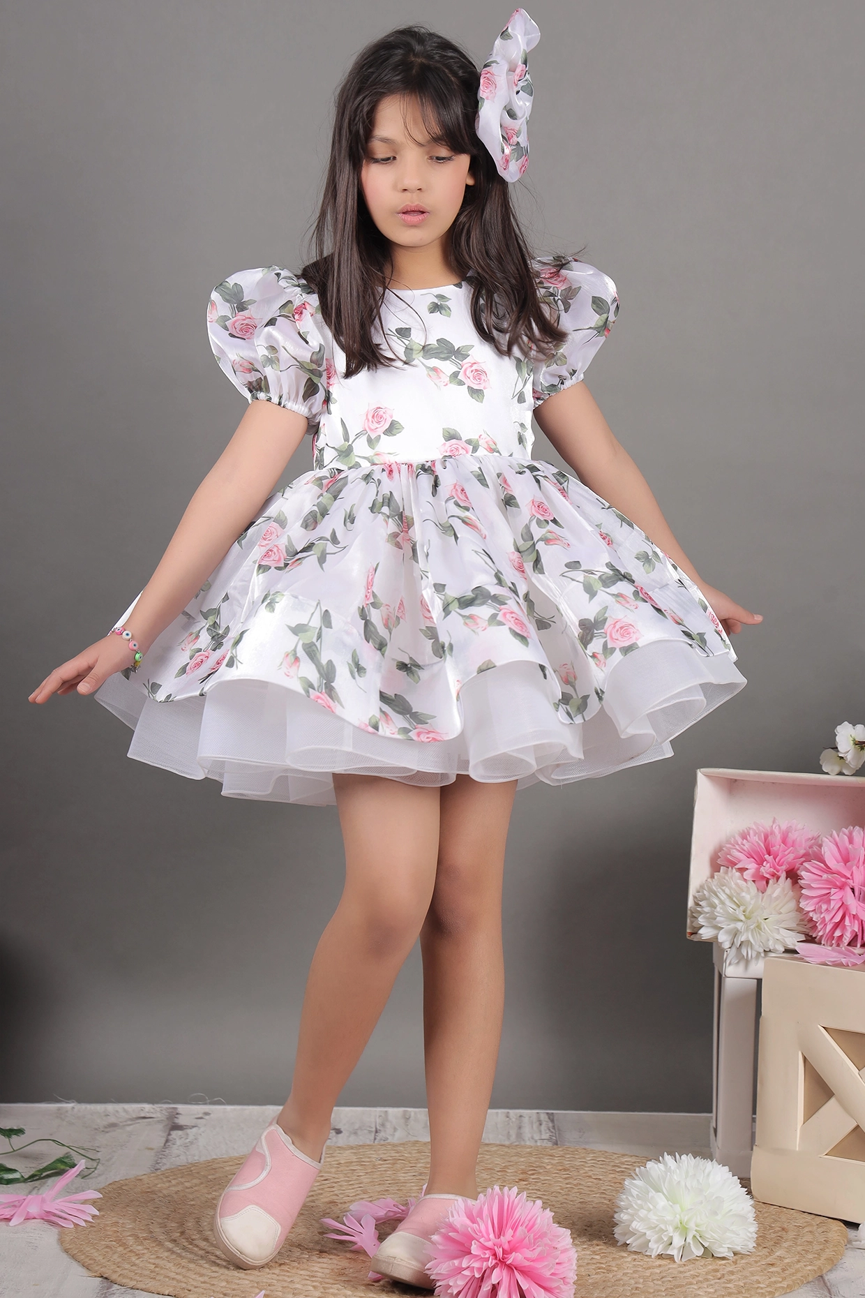 White Organza Floral Printed Dress For Girls by Foreverkidz at Pernia's Pop Up Shop