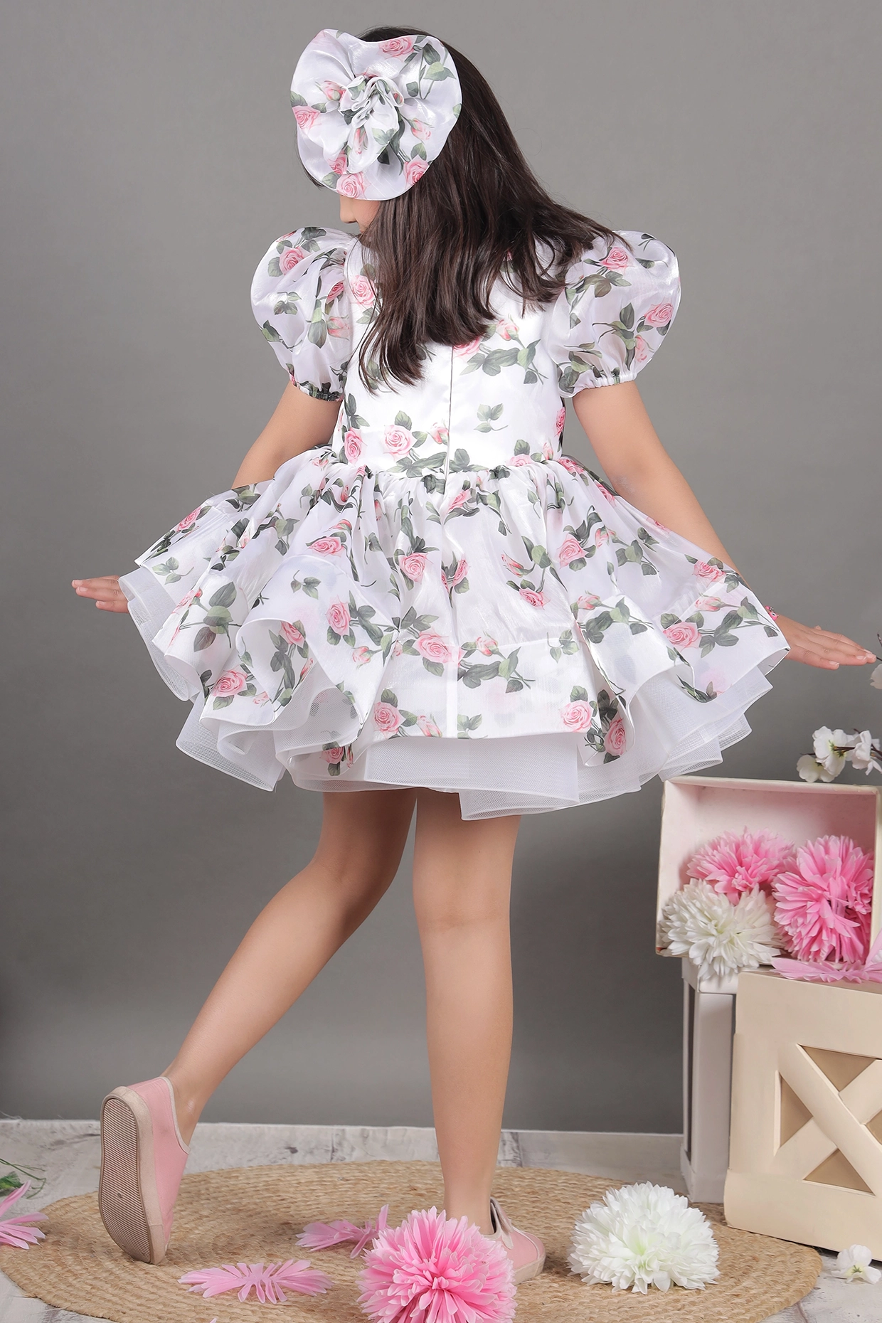 White Organza Floral Printed Dress For Girls by Foreverkidz at Pernia's Pop Up Shop