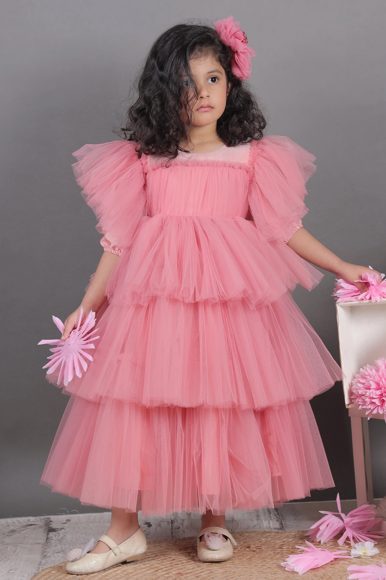 Dusty Pink Soft Tulle Ruffled Dress For Girls by Foreverkidz at Pernia's Pop Up Shop