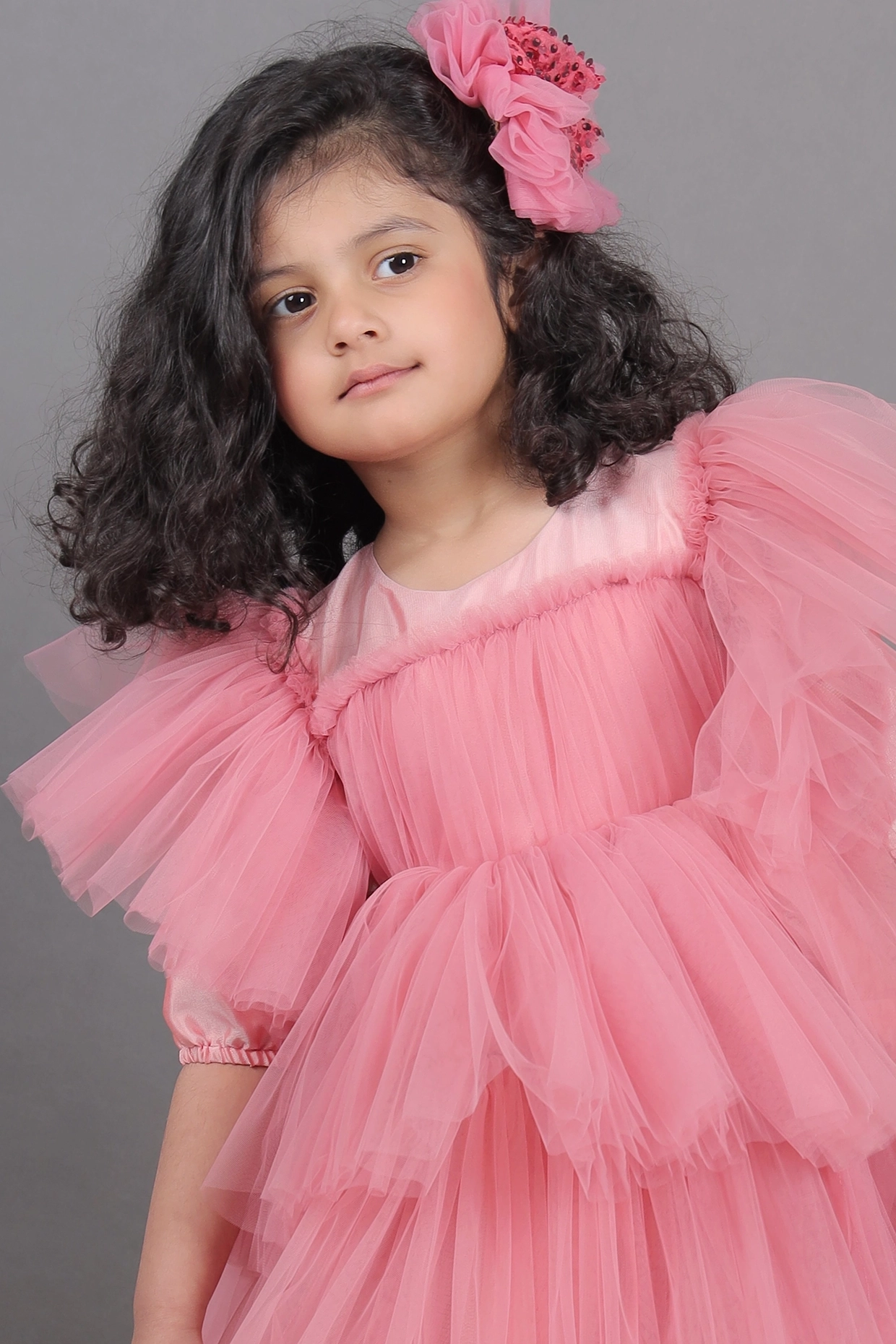 Dusty Pink Soft Tulle Ruffled Dress For Girls by Foreverkidz at Pernia's Pop Up Shop