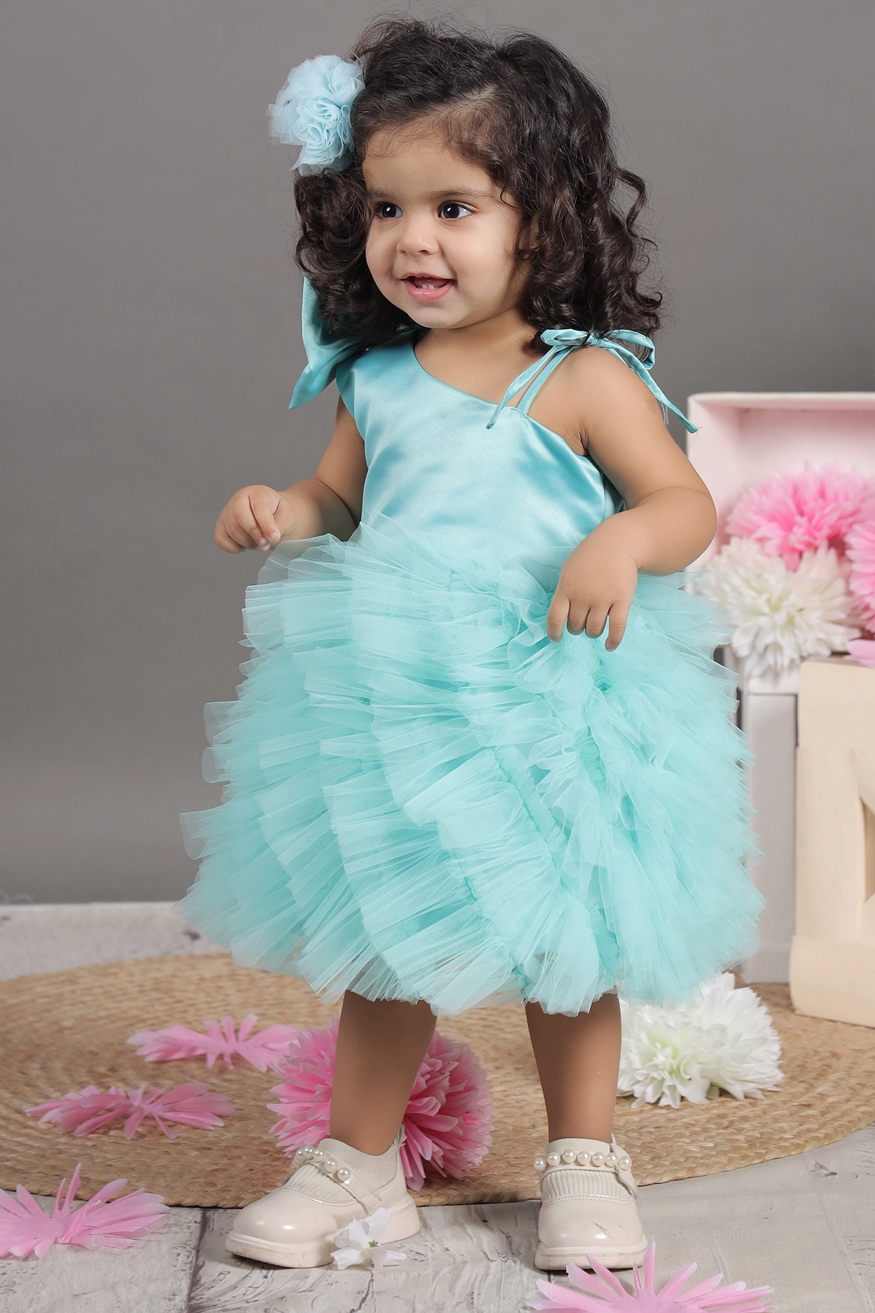 Sea Green Soft Tulle Ruffled Dress For Girls by Foreverkidz at Pernia's Pop Up Shop