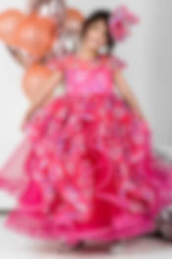 Pink Organza Floral Printed Ruffled Gown For Girls by Foreverkidz at Pernia's Pop Up Shop