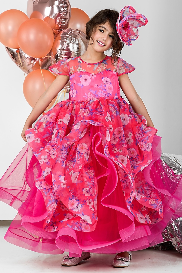 Pink Organza Floral Printed Ruffled Gown For Girls by Foreverkidz at Pernia's Pop Up Shop