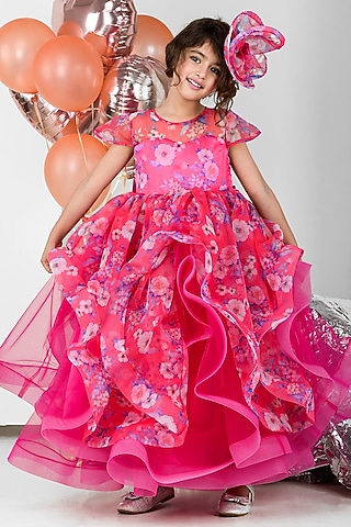 Pink Organza Floral Printed Ruffled Gown For Girls by Foreverkidz