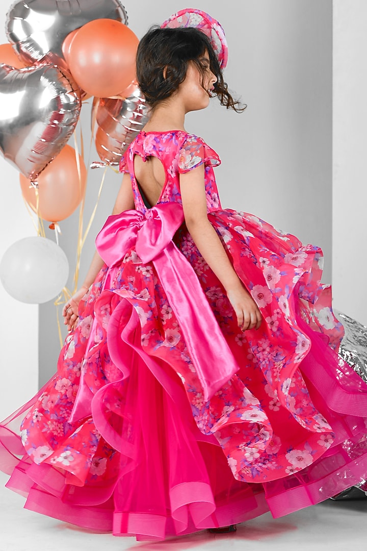 Pink Organza Floral Printed Ruffled Gown For Girls by Foreverkidz at  Pernia's Pop Up Shop