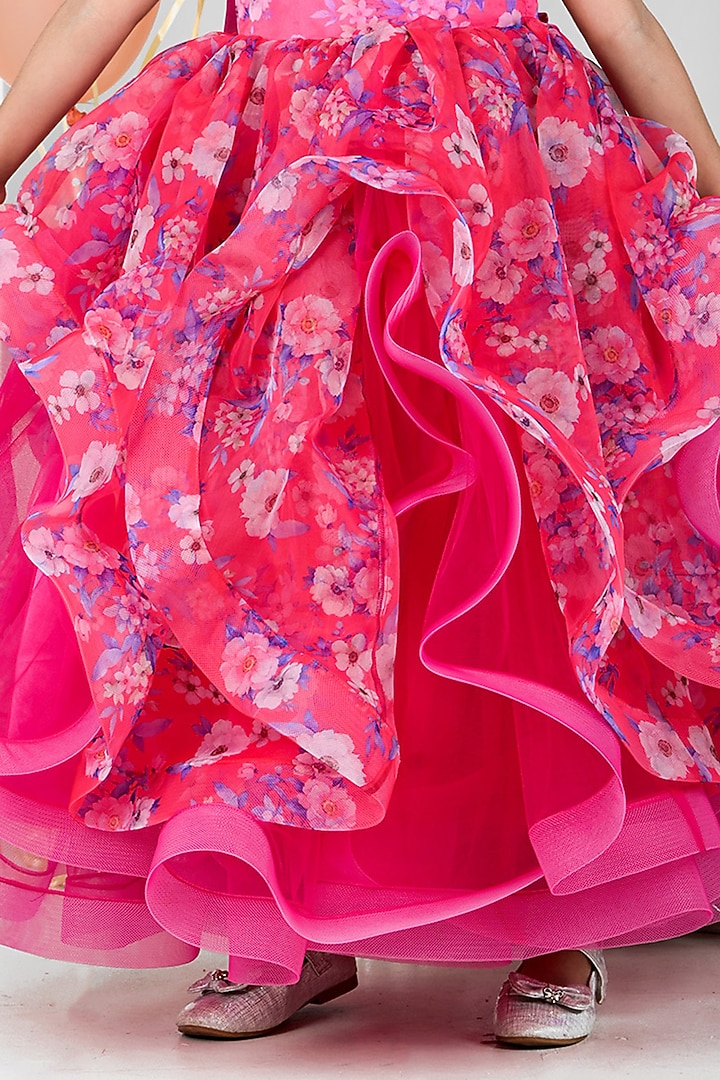 Pink Organza Floral Printed Ruffled Gown For Girls by Foreverkidz at Pernia's Pop Up Shop