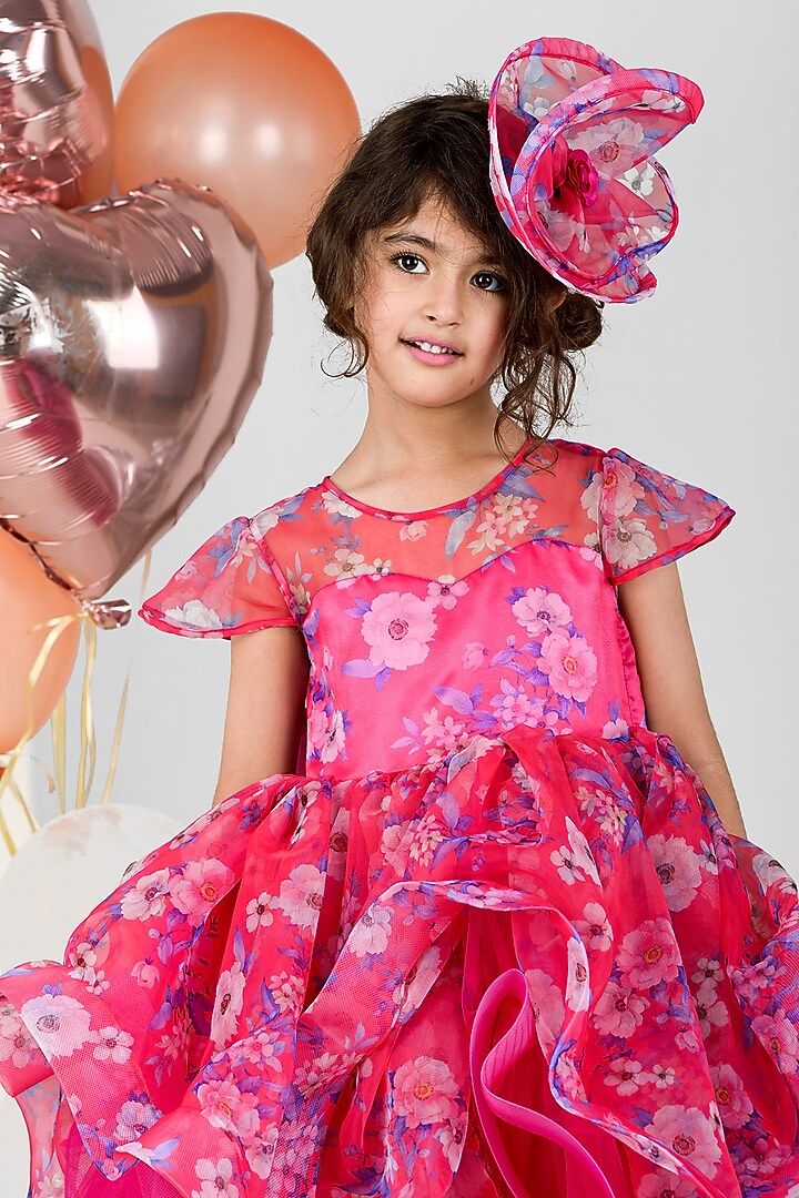 Pink Organza Floral Printed Ruffled Gown For Girls by Foreverkidz at Pernia's Pop Up Shop
