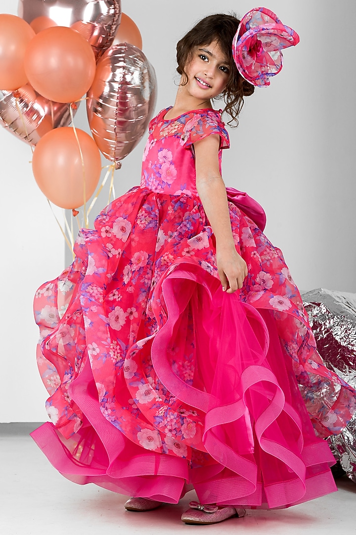 Pink Organza Floral Printed Ruffled Gown For Girls by Foreverkidz at Pernia's Pop Up Shop