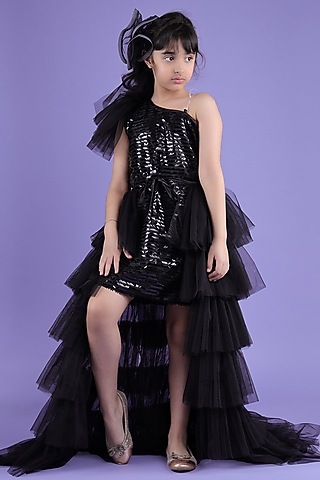 Black Soft Tulle Net & Sequin Trail Dress For Girls by Foreverkidz