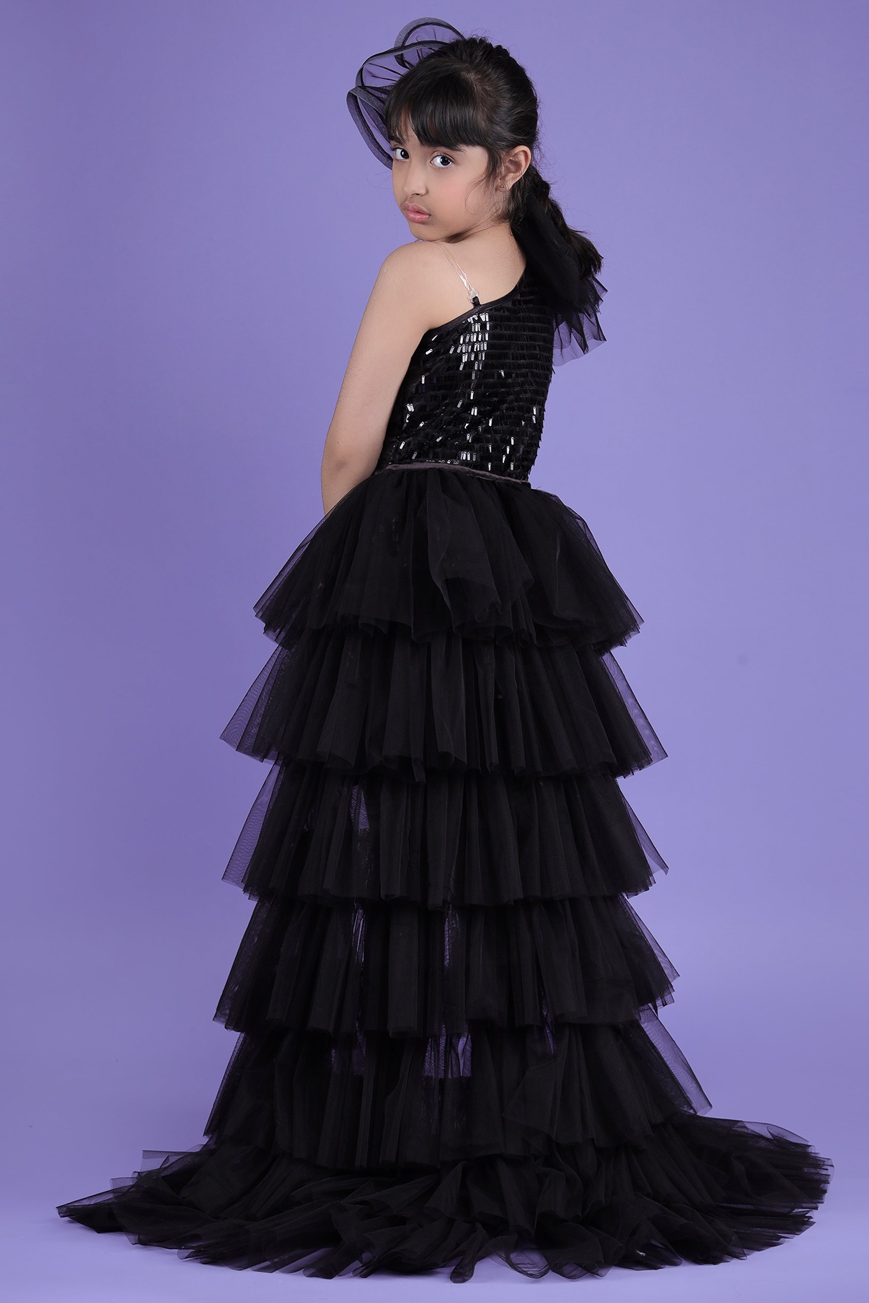 Black Soft Tulle Net & Sequin Trail Dress For Girls by