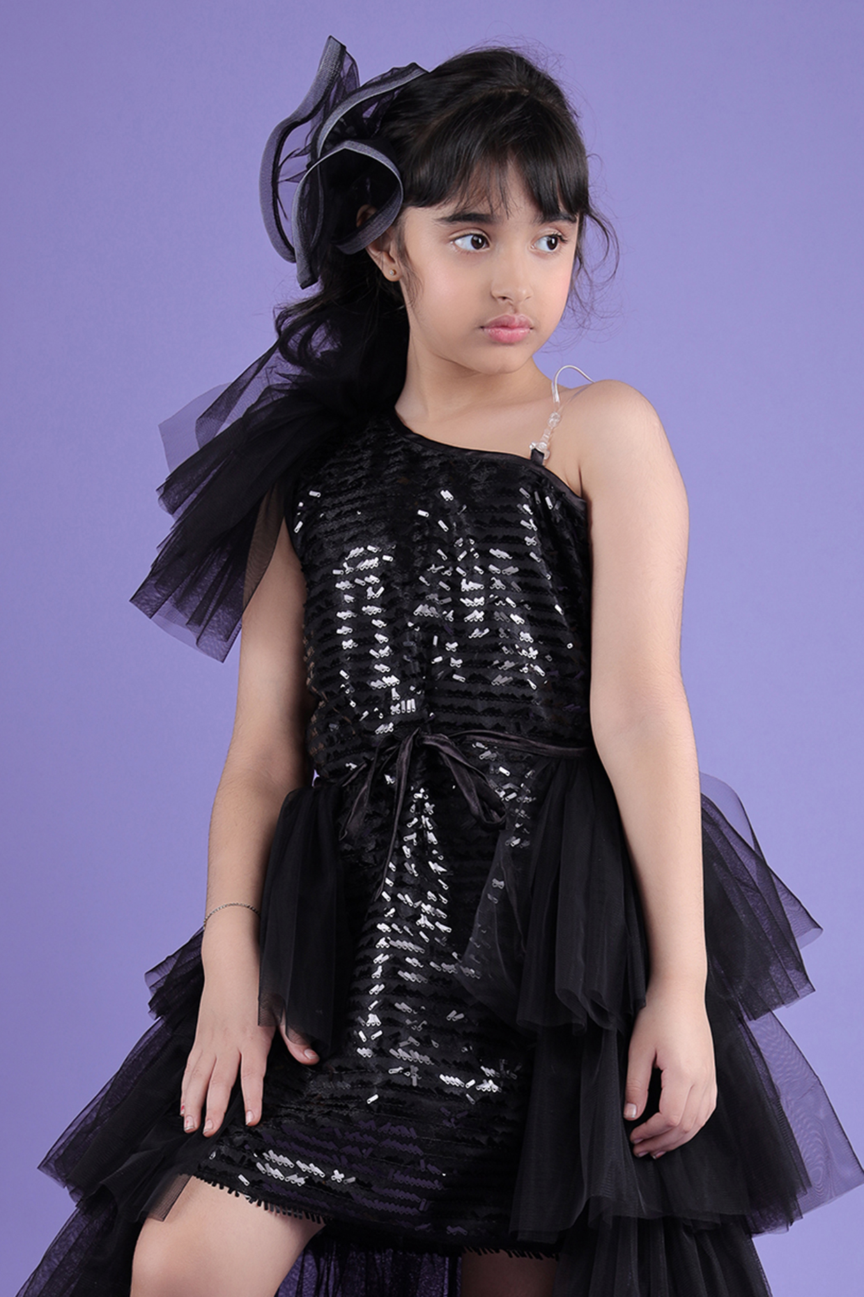 Black Soft Tulle Net & Sequin Trail Dress For Girls by