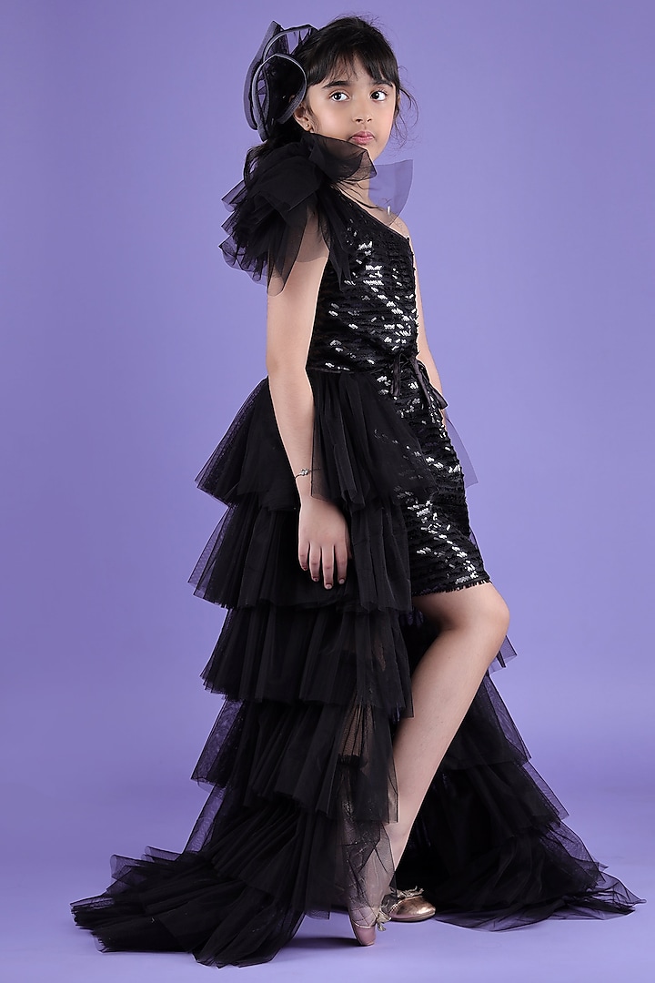 Black Soft Tulle Net & Sequin Trail Dress For Girls by Foreverkidz at Pernia's Pop Up Shop