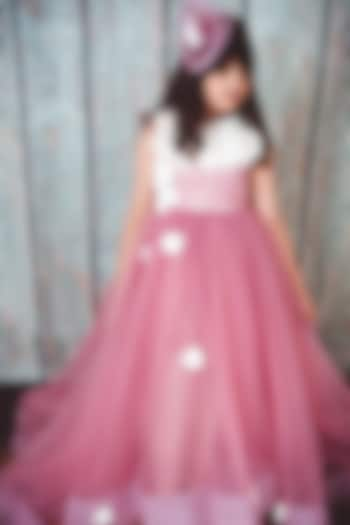 Dusty Pink Soft Tulle & Satin Floral Embroidered Gown For Girls by Foreverkidz at Pernia's Pop Up Shop