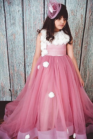 Dusty Pink Soft Tulle & Satin Floral Embroidered Gown For Girls by Foreverkidz