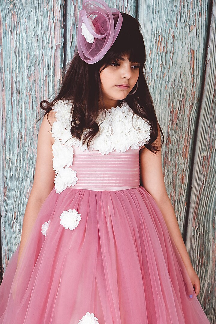 Dusty Pink Soft Tulle & Satin Floral Embroidered Gown For Girls by Foreverkidz at Pernia's Pop Up Shop