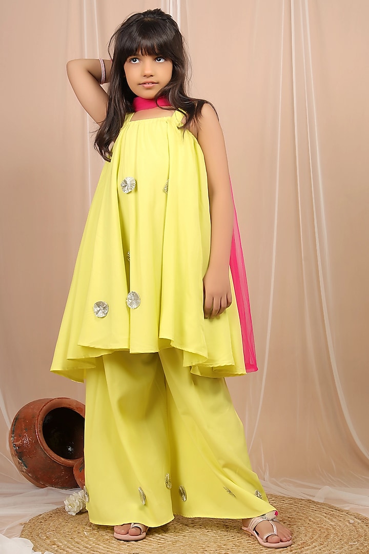 Yellow Rayon Gota Floral Embroidered Sharara Set For Girls by Foreverkidz at Pernia's Pop Up Shop