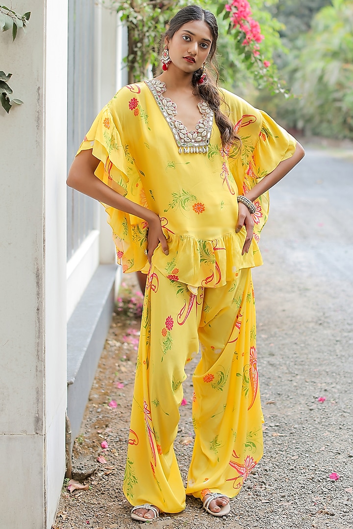 Yellow Natural Crepe Paisley Printed & Mirror Embroidered Co-Ord Set by Foram Patel