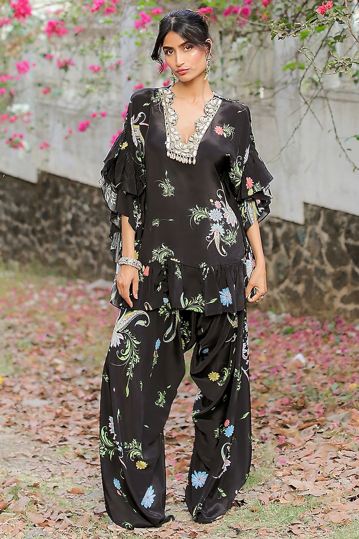 Black Natural Crepe Paisley Printed & Mirror Embroidered Co-Ord Set by Foram Patel