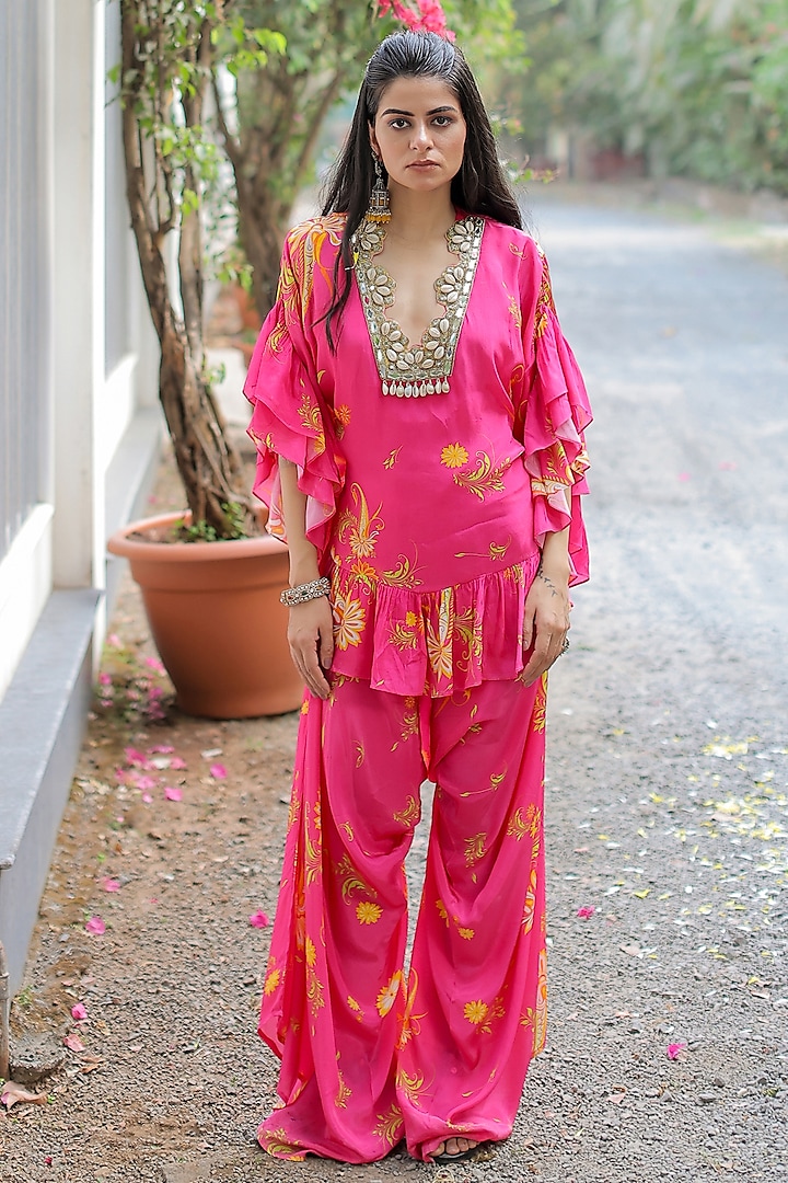 Pink Natural Crepe Paisley Printed & Mirror Embroidered Co-Ord Set by Foram Patel
