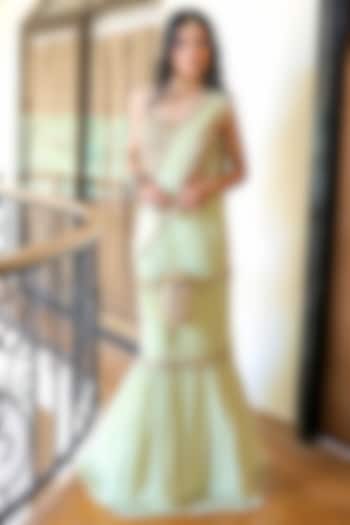 Green Georgette Cutdana Hand Embroidered Draped Reception Saree Set by Foram Patel at Pernia's Pop Up Shop