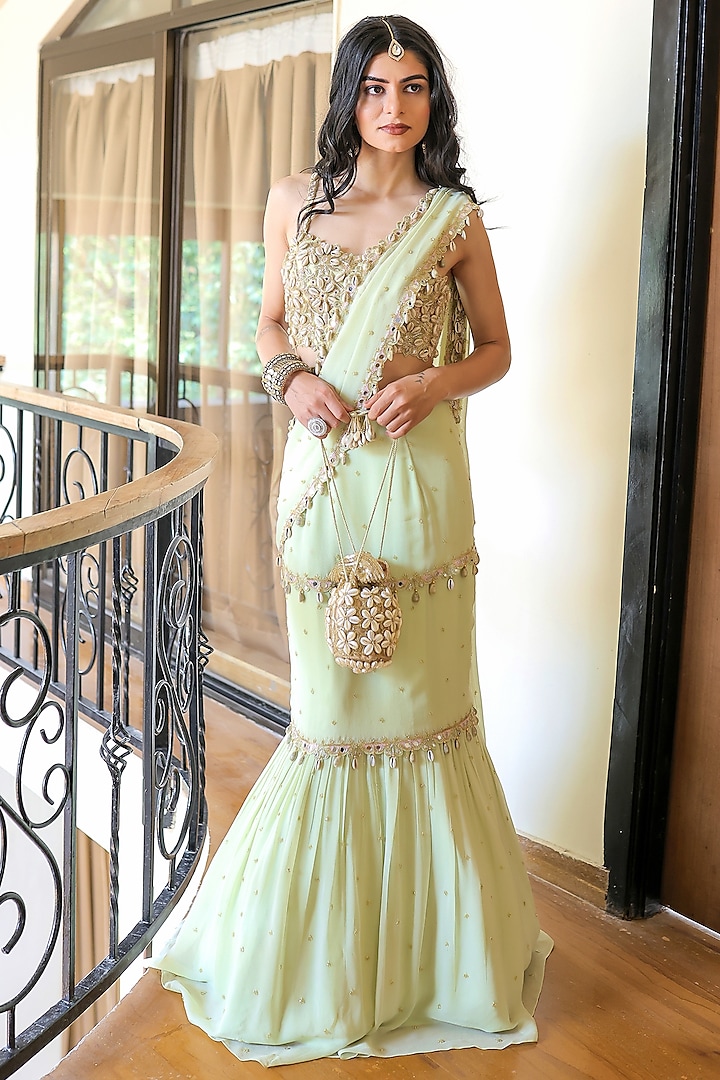 Green Georgette Cutdana Hand Embroidered Draped Reception Saree Set by Foram Patel at Pernia's Pop Up Shop