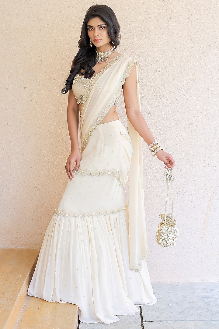 Cream Georgette Cutdana Hand Embroidered Draped Saree Set by Foram Patel at Pernia's Pop Up Shop