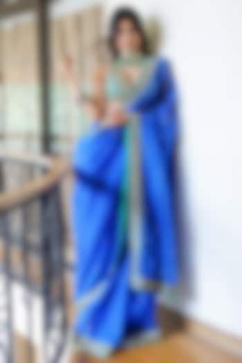 Blue Organza & Net Mirror Hand Embroidered Saree Set by Foram Patel