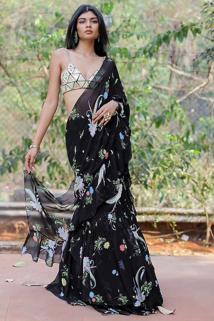 Black Georgette & Net Print Ruffled Saree Set by Foram Patel