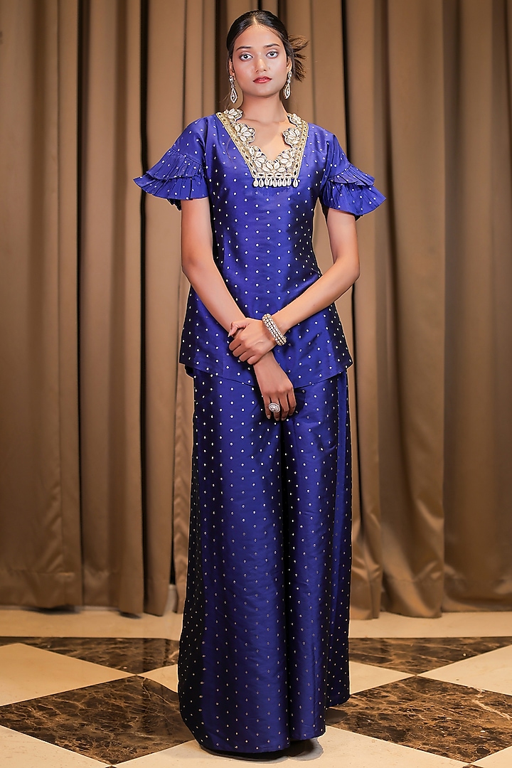 Blue Brocade Cowrie & Mirror Embroidered Co-Ord Set by Foram Patel