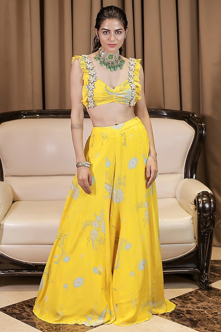 Yellow Natural Crepe Sharara Set by Foram Patel