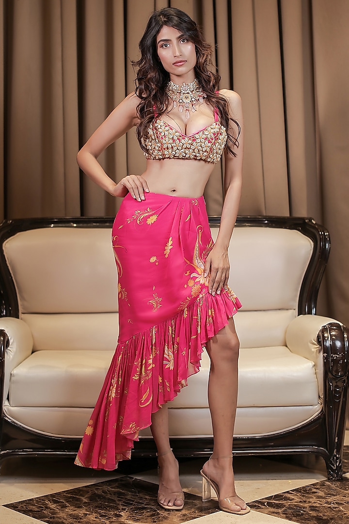 Pink Georgette & Net Printed Ruffled Skirt Set by Foram Patel