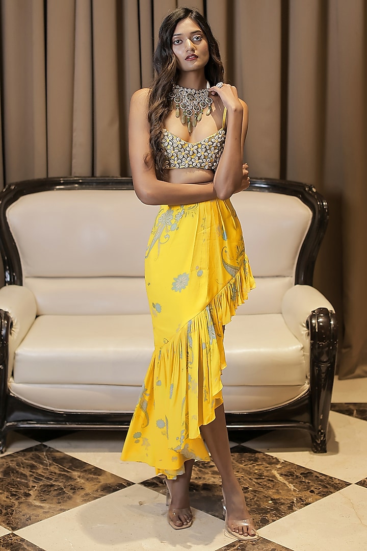 Yellow Georgette & Net Printed Ruffled Skirt Set by Foram Patel