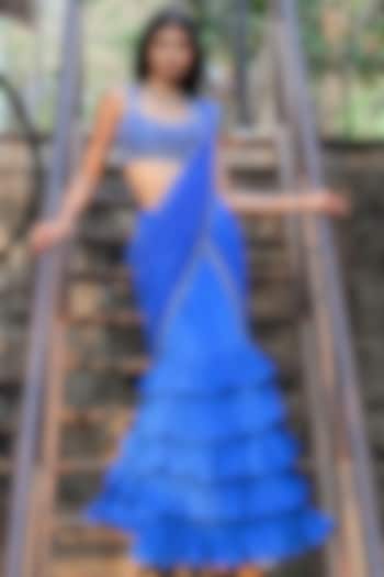 Blue Georgette Mirror embroidered Ruffled Skirt Saree Set by Foram Patel at Pernia's Pop Up Shop