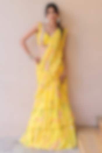 Yellow Georgette Printed Ruffled Layered Saree Set by Foram Patel