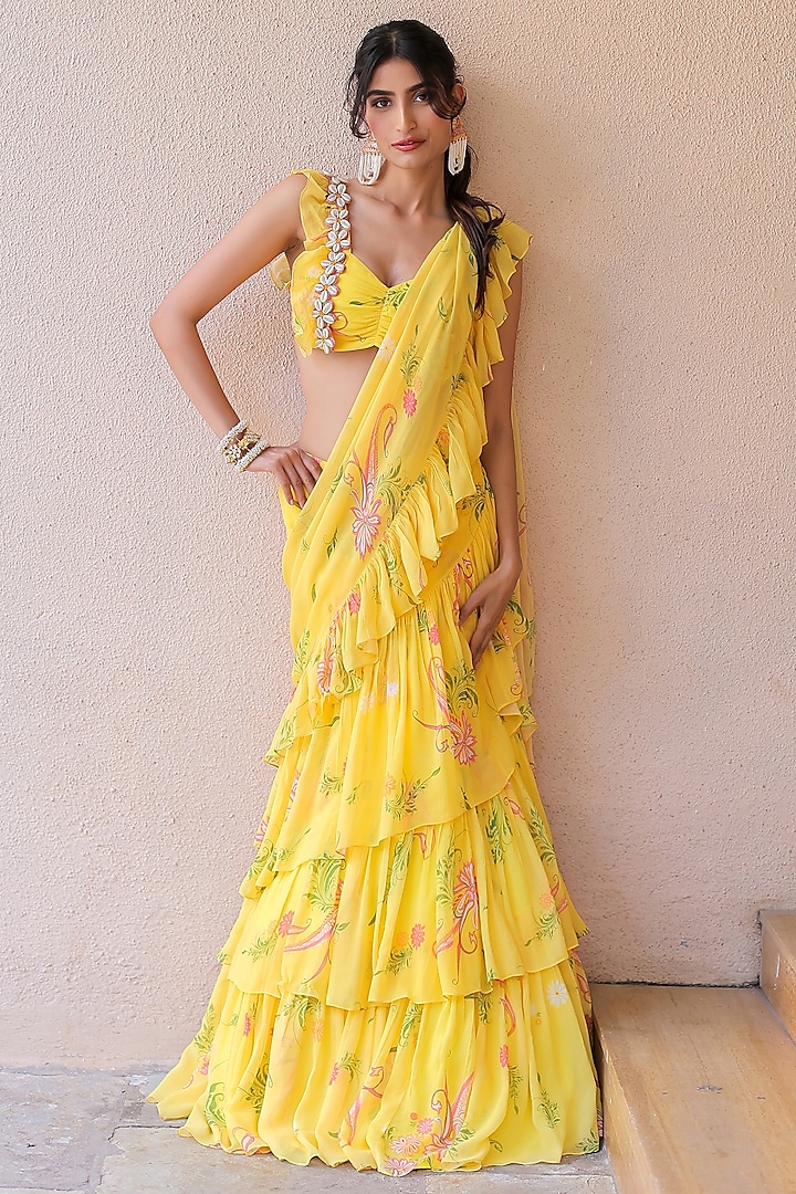 Yellow Georgette Printed Ruffled Layered Saree Set by Foram Patel at Pernia's Pop Up Shop