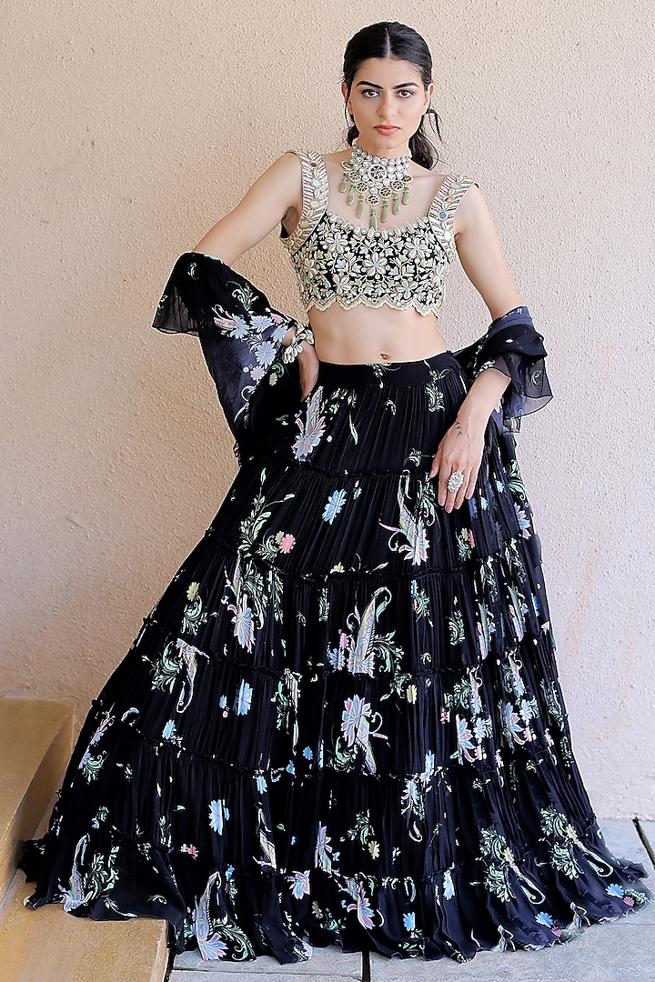 Black Georgette Paisley Printed Tiered Lehenga Set by Foram Patel