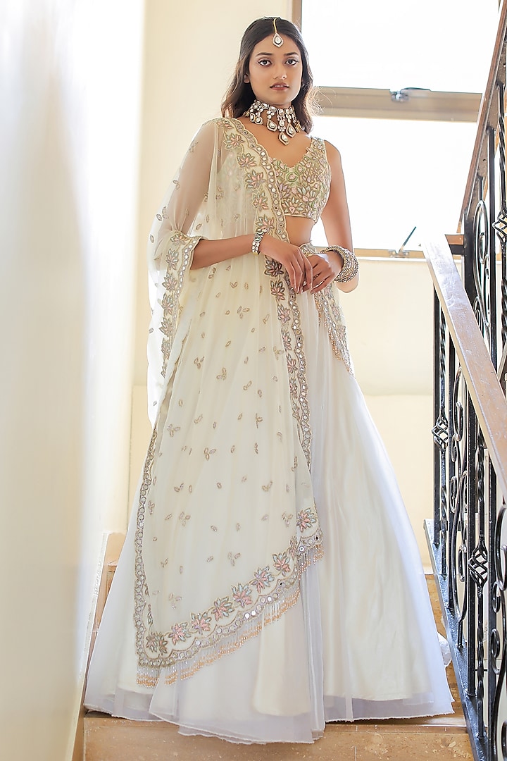 Cream Organza Mirror Embroidered Lehenga Set by Foram Patel