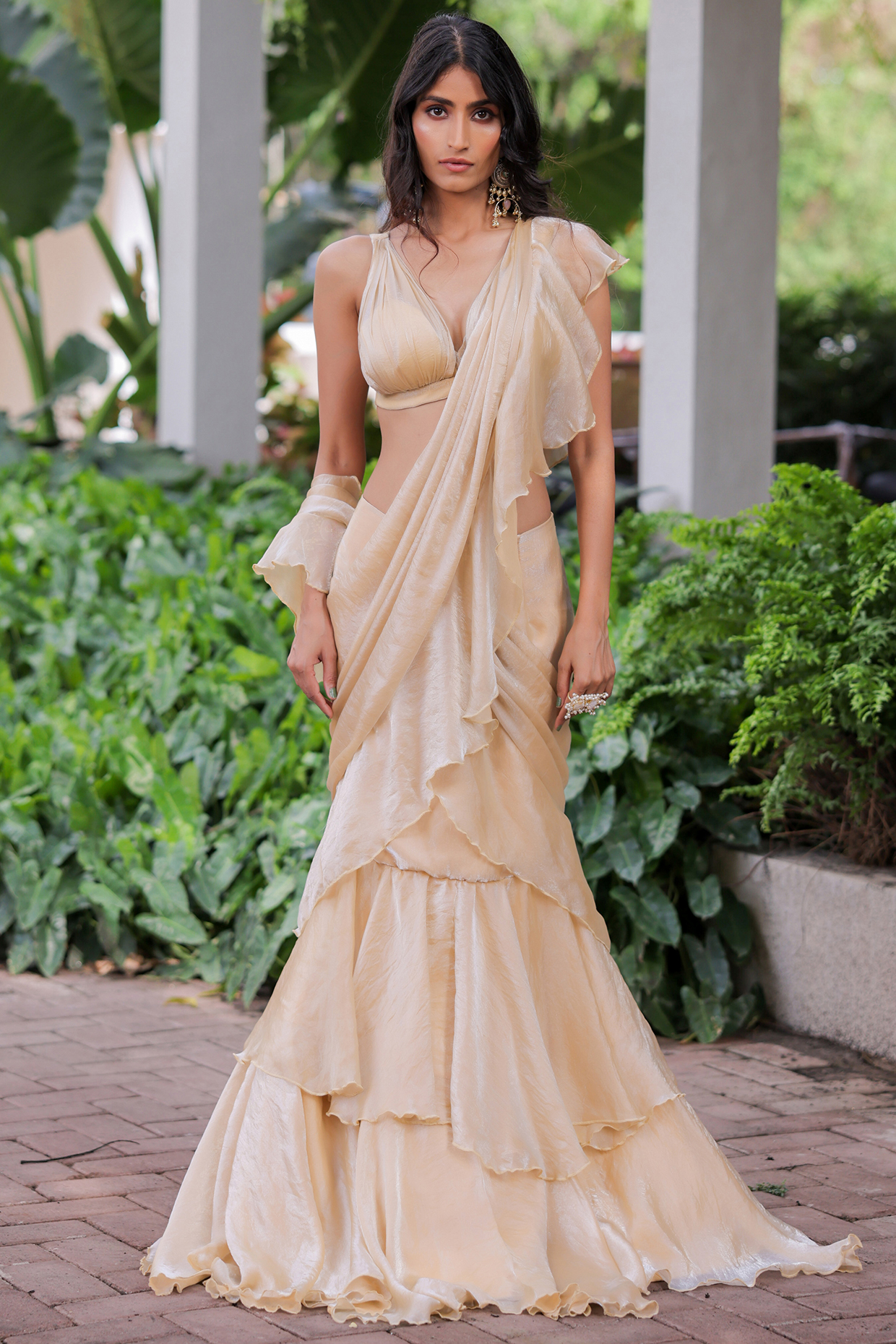 Cream Soft Organza Ruffled Draped Party Wear Saree Set by Foram Patel at Pernia's Pop Up Shop