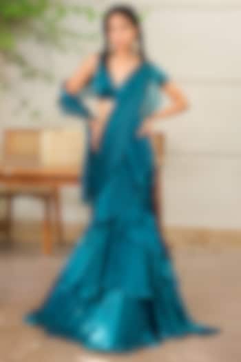 Teal Green & Peacock Blue Soft Organza Ruffled Pre-Draped Party Wear Saree Set by Foram Patel at Pernia's Pop Up Shop